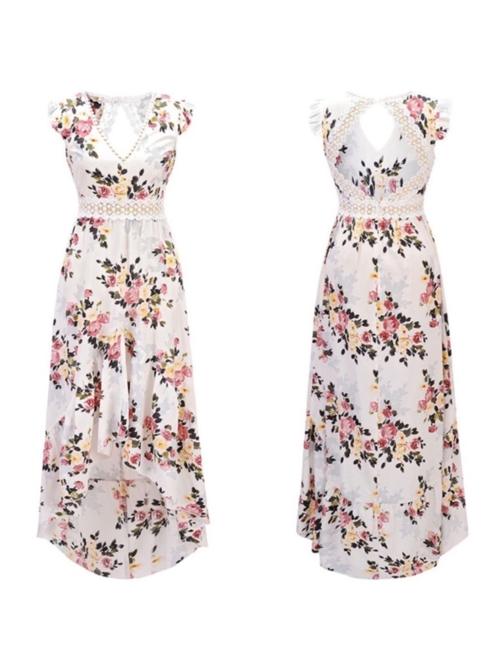 White Flower Crepe Asymmetrical Dress - Picture 2 of 7